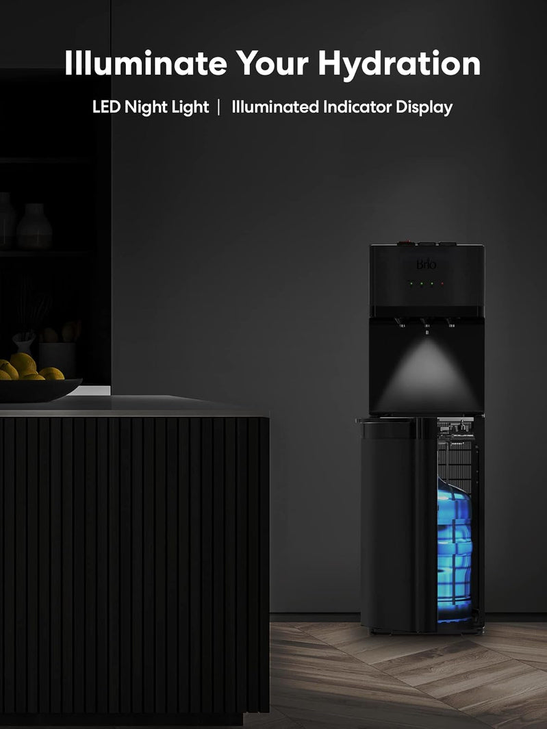 Self Cleaning Bottom Loading Water Cooler Water Dispenser Black Stainless Steel, 3 Temperature Settings, Hot, Room And Cold Water