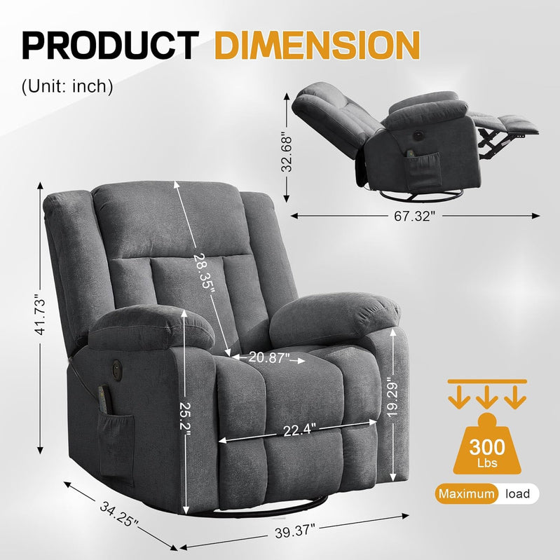 Rocker Recliner, Glider Recliner Chairs For Adults, 360 Degree Swivel Rocking Chair With Massage And Heating
