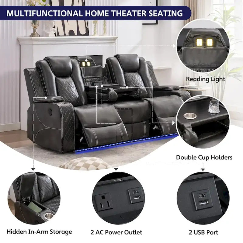 Power Reclining Sofa With Wireless Charger, Reading Light For Living Room, Faux Leather LED Light, AC/USB Port, Cup Holder, Black