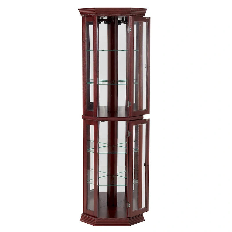 Corner Curio Cabinet With Lights, Adjustable Tempered Glass Shelves, Mirrored Back, Display Cabinet