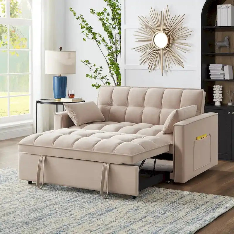 4 in1 Loveseat Sofa Bed With Armrests And Storage Pockets, Multi-Function Tufted Pull-Out Sofa Bed With Adjustable Backrest