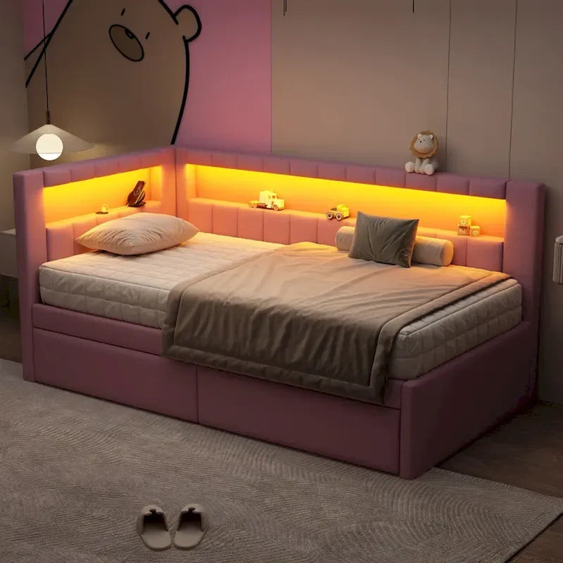 Upholstered Platform Bed With USB Ports And LED Lighting, Full/Twin Size Bed Frame With 2 Storage Drawers, Modern Bedroom