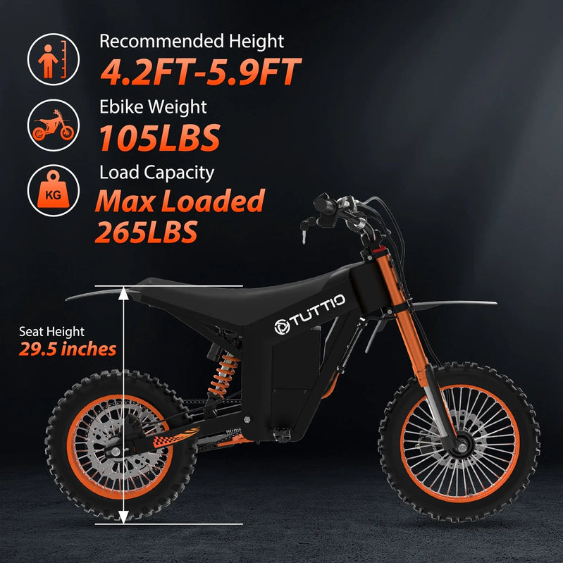 Tuttio Soleil01 2000W Electric Dirt Bike Adult, 48V 21Ah 37MPH, Electric Motorcycle 14 In. And 12 In.Tire Off-Road Dirt EBikes Full Suspension