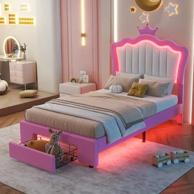 Twin Size Upholstered Bed Frame With LED Lights, Modern Upholstered Princess Bed With Crown Headboard, A Drawer, Pink Plus White