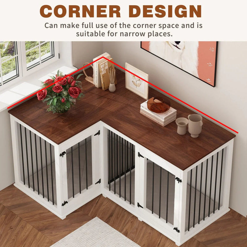 Large Corner Dog Crate Furniture For 2 Dogs, L Shape Dog Crate Cage, 58.7X41.1