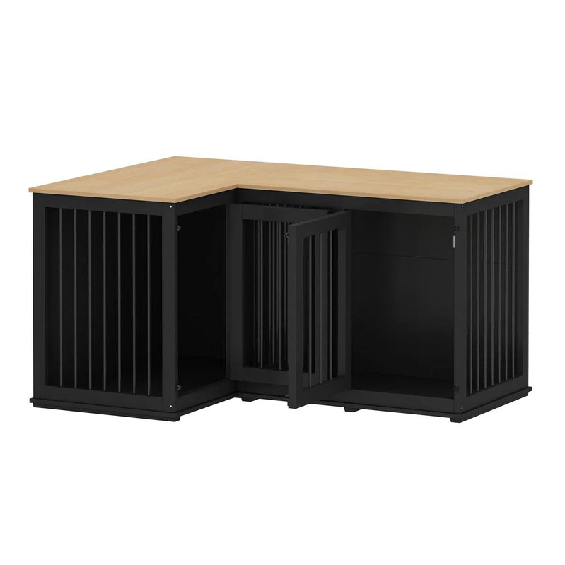 Large Corner Dog Crate Furniture For 2 Dogs, L Shape Dog Crate Cage, 58.7X41.1