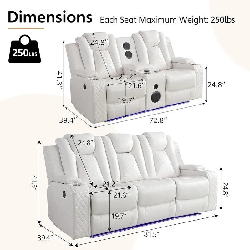 Power Reclining Sofa With Wireless Charger, Reading Light For Living Room, Faux Leather LED Light, AC/USB Port, Cup Holder, Black