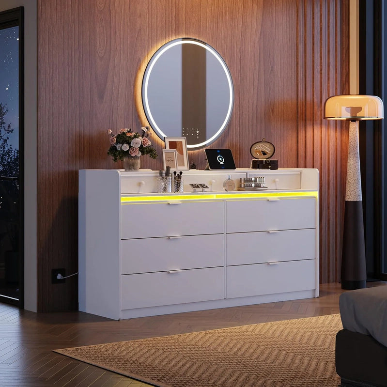 9 Drawer LED Dresser For Bedroom, 58.35 In. Wide Wood Dresser Storage Organizer With Power Outlets For 65 In. TV, Dressers With Open Shelves