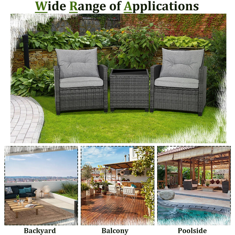 Gymax 3PCS Patio Rattan Sofa Set Outdoor Wicker Conversation Set Glass Tabletop w/Grey Cushion