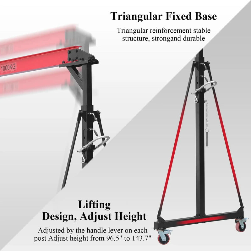 1-ton Gantry Crane, Adjustable, 2200 Lbs Lifting Capacity, Height Adjustable 96.5 In.-143.7 In, Portable Hoist For Factory, Construction Site