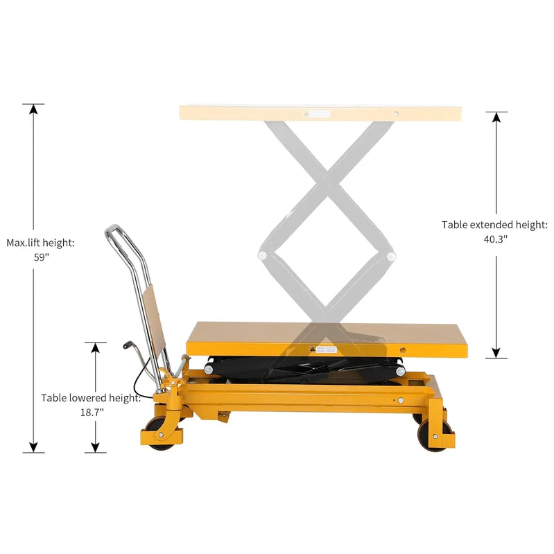 Apollolift Hydraulic Lift Table Cart, 770 Lbs Capacity, 51 In. Max Height, Double Scissor Lift With Safety Guard And 4 Wheels