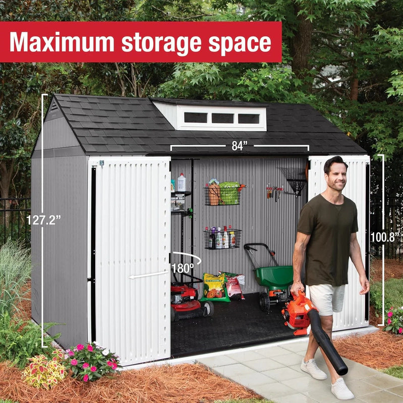 Rubbermaid Resin Garden Shed With Floor, 2.13 x 2.13 M, Weatherproof, Grey, For Storing Garden Tools, Lawnmowers, Bicycles And Pool Accessories
