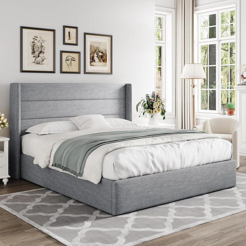 Allewie Queen Size Lift Up Storage Bed, Modern Wingback Headboard, Hydraulic Support, No Box Spring Needed, Light Beige