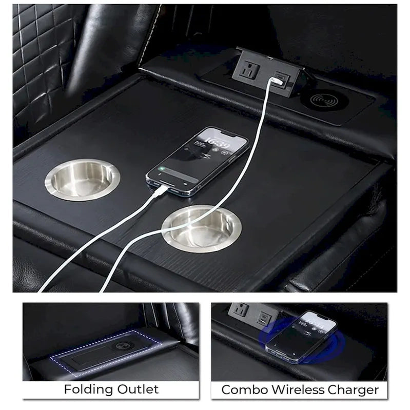 Power Reclining Sofa With Wireless Charger, Reading Light For Living Room, Faux Leather LED Light, AC/USB Port, Cup Holder, Black