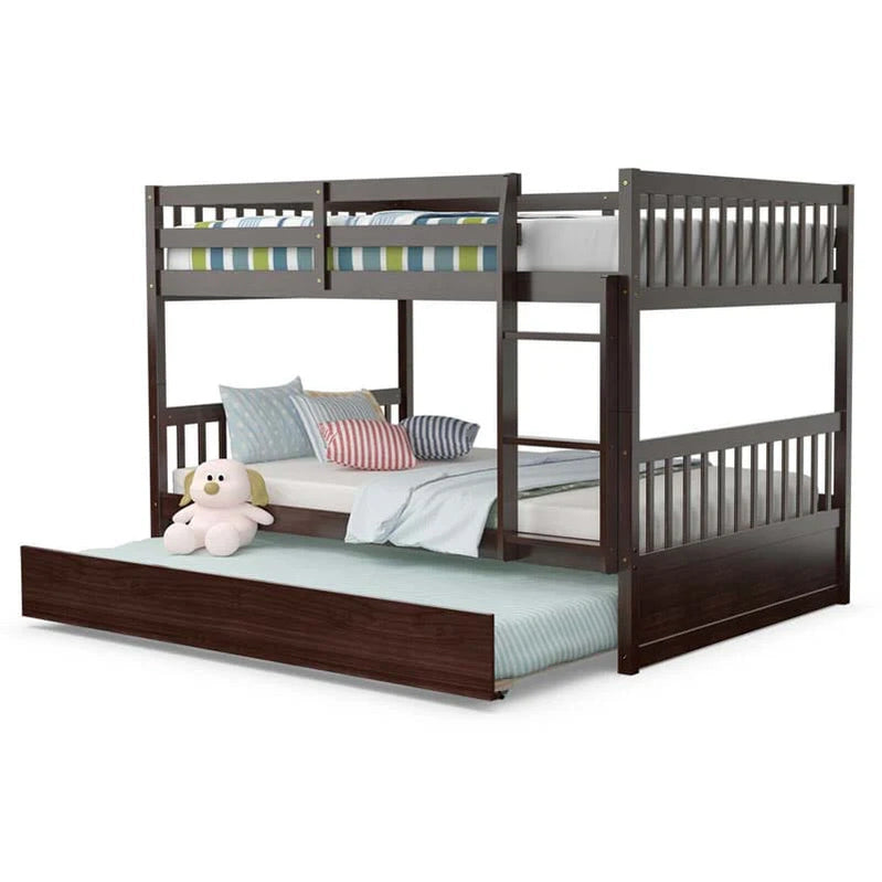Solid Wood Full Over Full Bunk Bed Frame With Trundle, Safety Ladder And Guardrails, Convertible Bunk Bed For Kids Teens