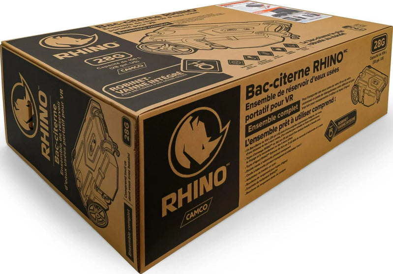 Camco Rhino Heavy Duty 28 Gallon Portable RV Waste Holding Tank With Hose And Accessories Durable Leak Free And Odorless RV Tote Tank, 39004