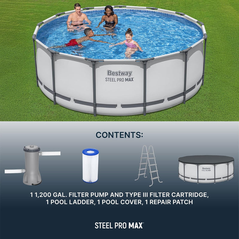 Steel Pro MAX 14 Ft. x 48 In. Round Metal Frame Above Ground Outdoor Swimming Pool Set With 1,000 Filter Pump, Ladder, And Cover, Gray