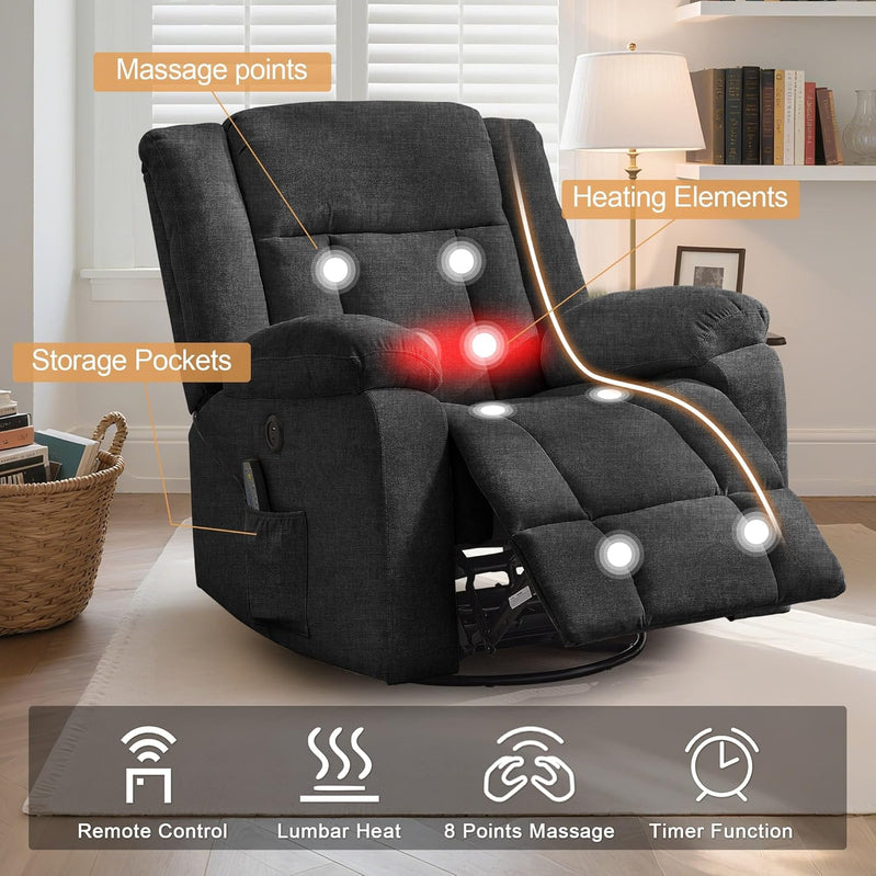 Rocker Recliner, Glider Recliner Chairs For Adults, 360 Degree Swivel Rocking Chair With Massage And Heating
