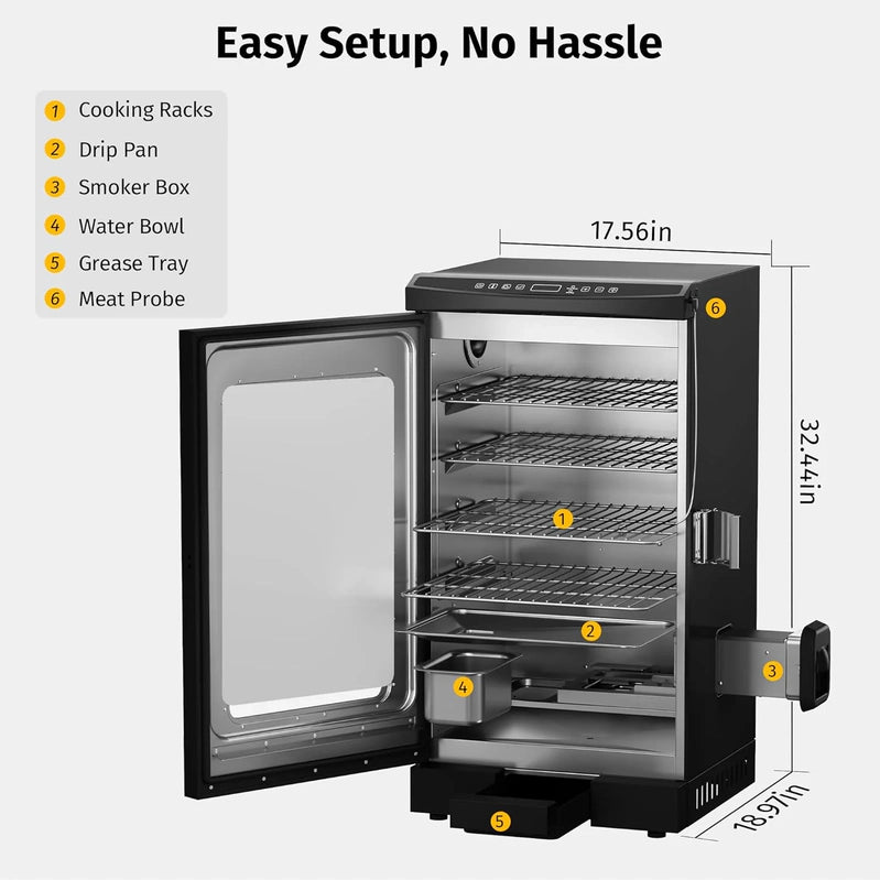 East Oak 30 In. Outdoor Electric Smoker, Built-In Meat Probe, Smokes Up To 6 Times Longer In A Single Load, Side Loader For Uninterrupted Smoking