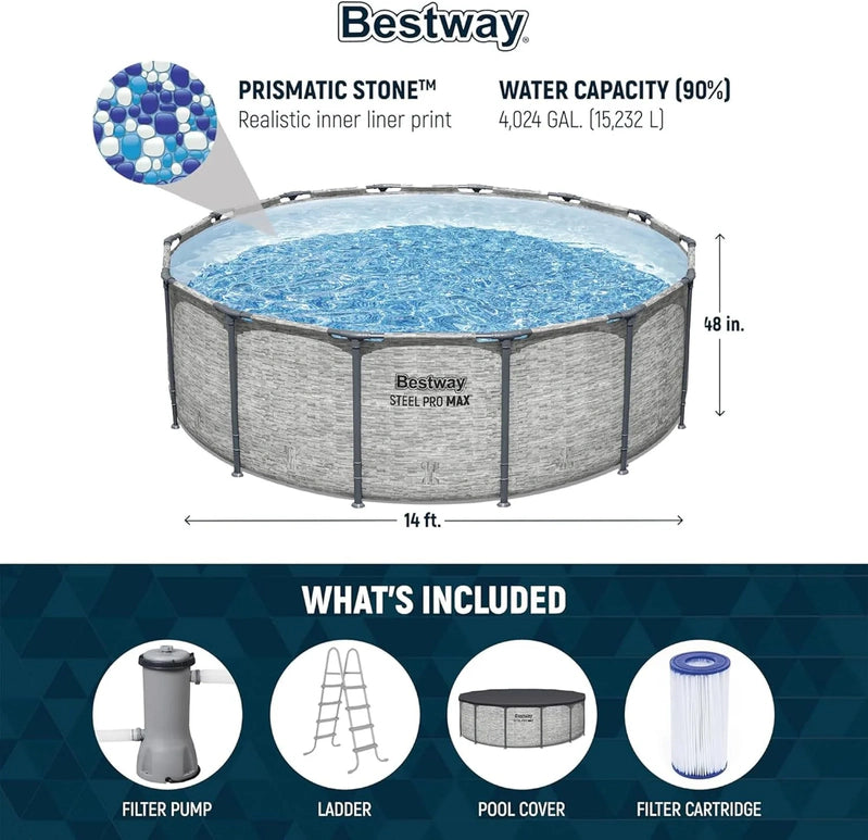 Steel Pro MAX 14 Ft. x 48 In. Round Metal Frame Above Ground Outdoor Swimming Pool Set With 1,000 Filter Pump, Ladder, And Cover, Gray