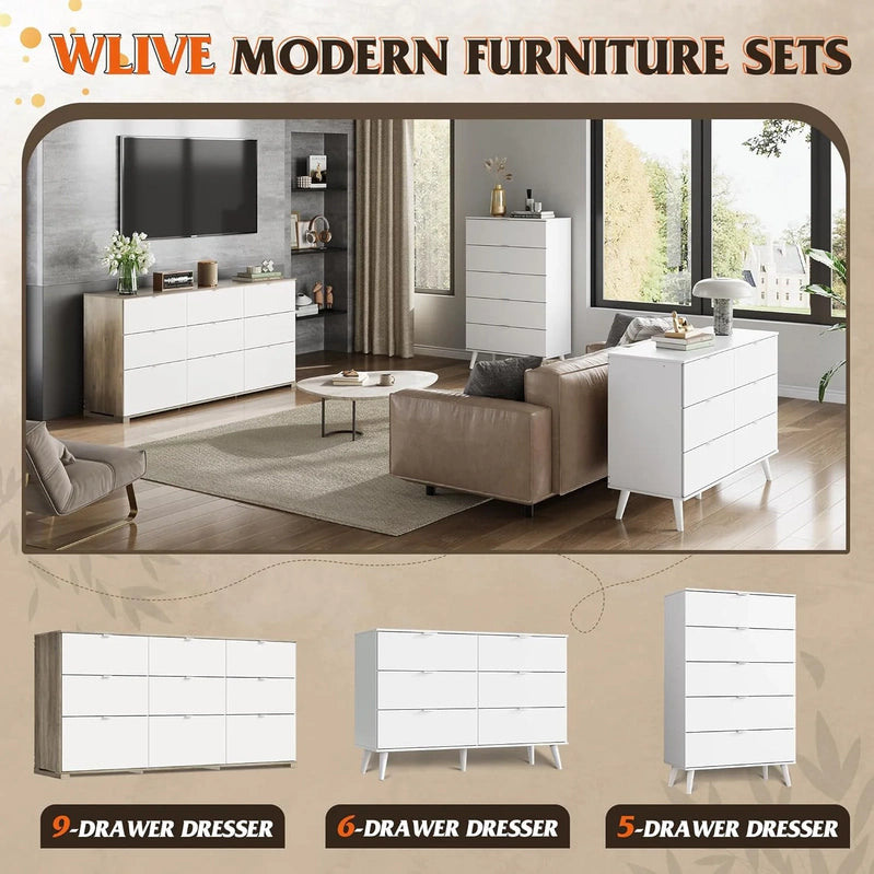 9 Drawer LED Dresser For Bedroom, 58.35 In. Wide Wood Dresser Storage Organizer With Power Outlets For 65 In. TV, Dressers With Open Shelves