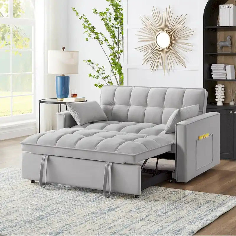 4 in1 Loveseat Sofa Bed With Armrests And Storage Pockets, Multi-Function Tufted Pull-Out Sofa Bed With Adjustable Backrest