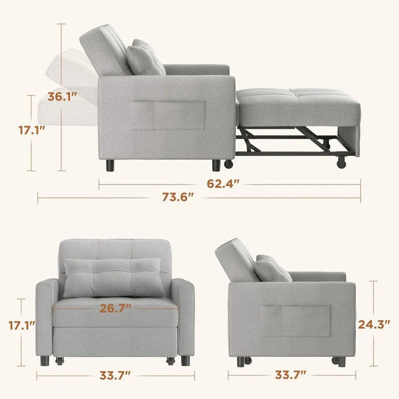 3-in-1 Adjustable Sleeper Sofa Bed, Pull Out Chair Sofa, Convertible Folding Bed For Living Room
