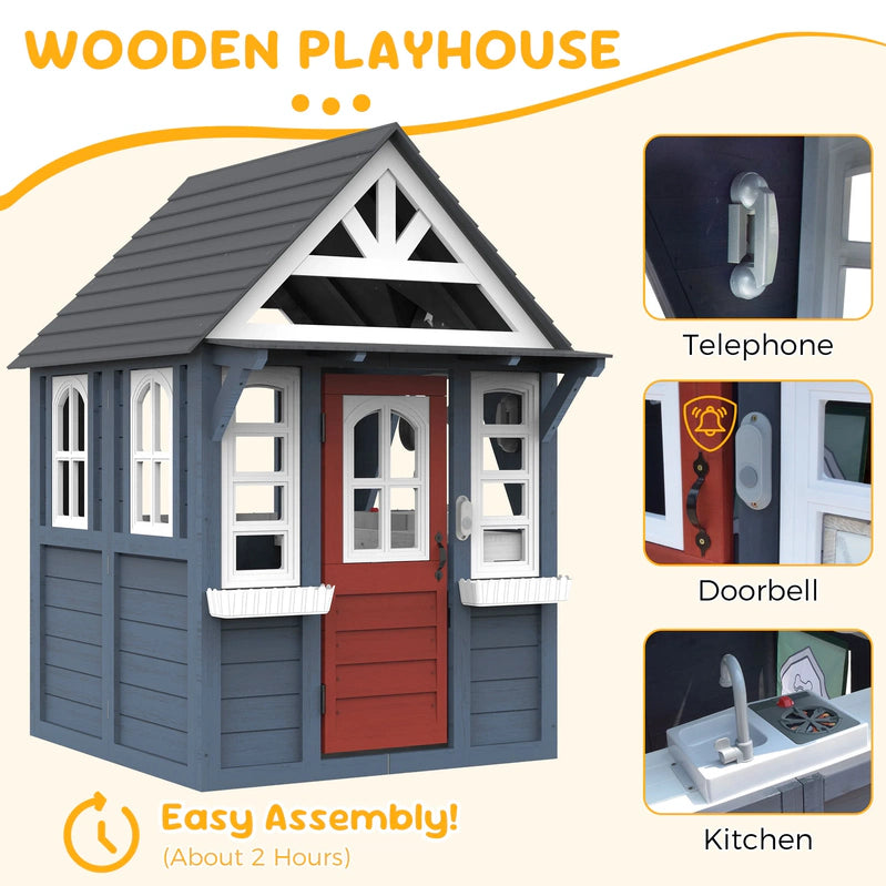 Coclub Outdoor Playhouse For Kids Ages 4-8, Wooden Play House With Doorbell, Phone, Kitchen Toys, Outdoor Kids Play Equipment, Casa Para Ni As