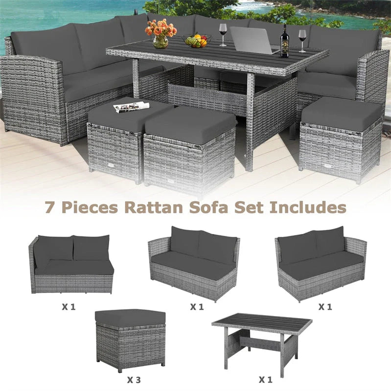 7 Pcs Rattan Patio Dining Furniture Sectional Sofa Set With Dining Table, Ottomans And Cushions