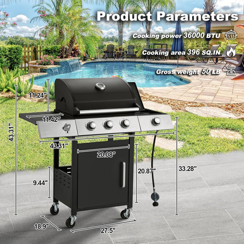 Upgraded 4 Burner Bbq Propane Gas Grill With Cast Iron Grates And Side Stove, 44,000 BTU Stainless Steel Burner Barbecue Grill For Patio