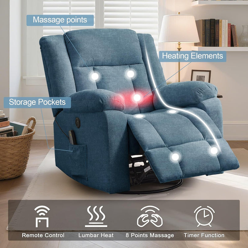 Rocker Recliner, Glider Recliner Chairs For Adults, 360 Degree Swivel Rocking Chair With Massage And Heating