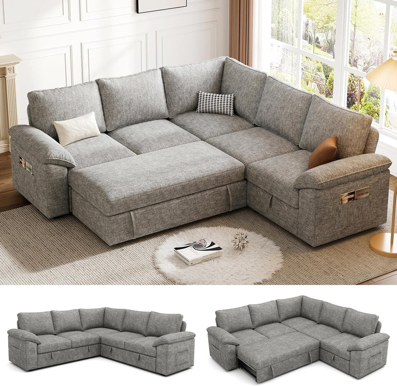 108 In. Sectional Sleeper Sofa With Pull Out Bed, U Shaped 7 Seat Modular Sectional Sofa
