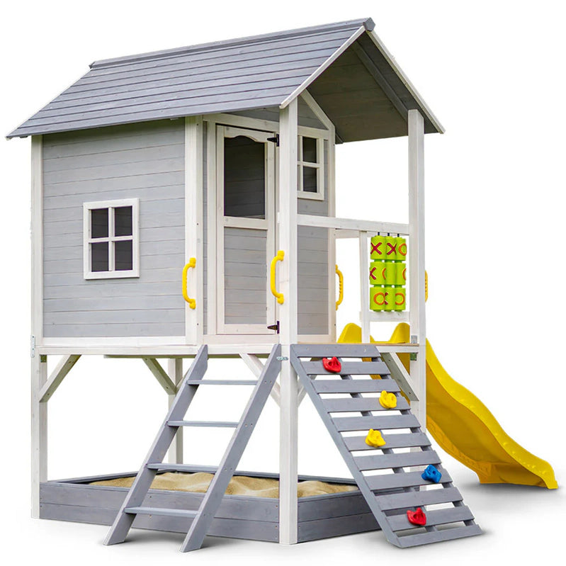 Rovo Kids Wooden Tower Cubby House With Slide, Sandpit, Climbing Wall, Noughts And Crosses