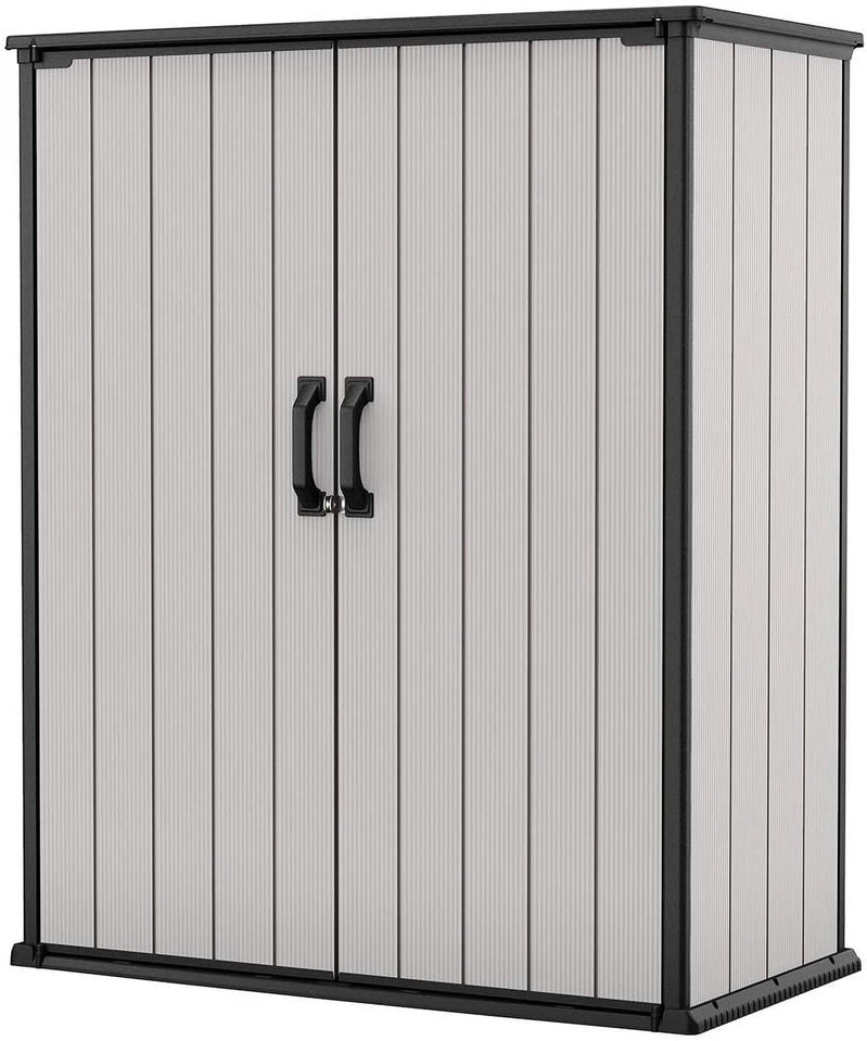 Keter Premier Tall Vertical Durable Resin Outdoor Storage Shed With Floor And Locking Double Doors, Grey