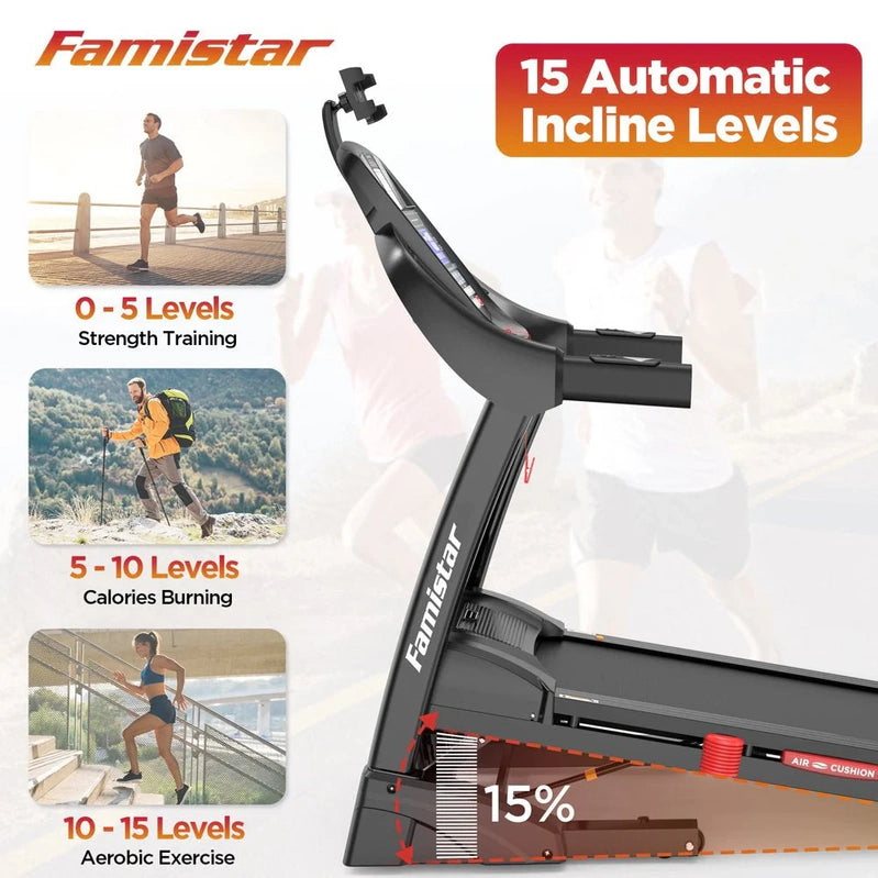 Famistar Folding Treadmill For Home With 15 Levels Auto Incline, 300lb Capcity, 10MPH Fast Speed Controls