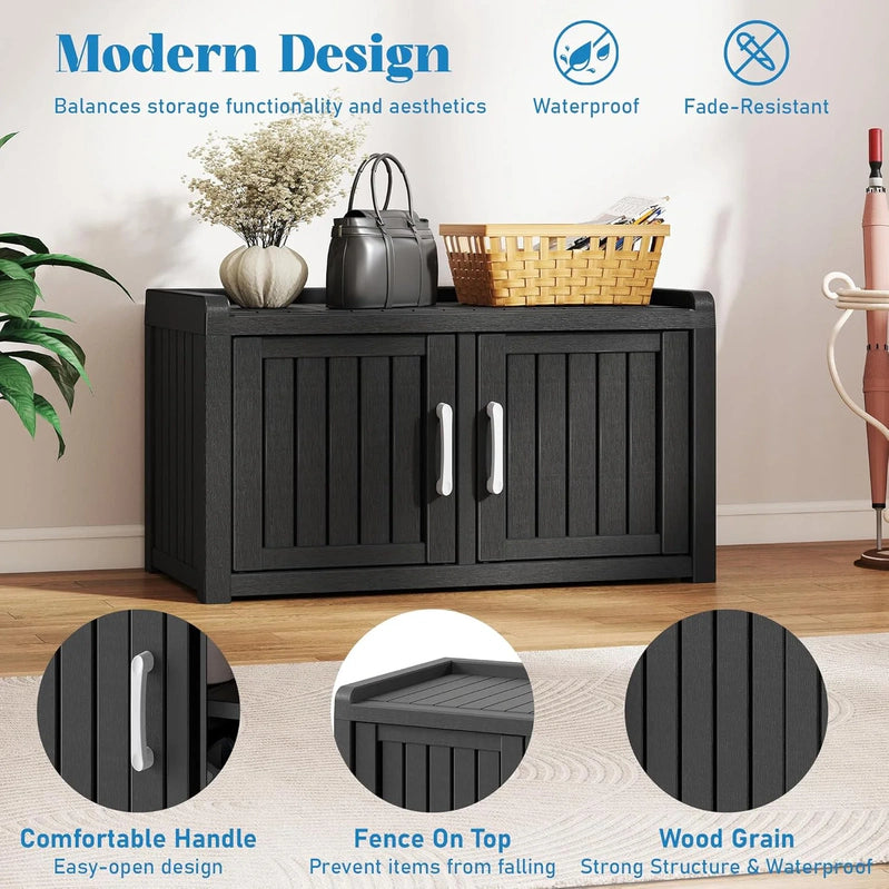 Kamaboko Outdoor Shoe Storage Cabinet, Waterproof UV-Resistant Entryway Storage Bench Indoor Outdoor With 2 Barn Doors
