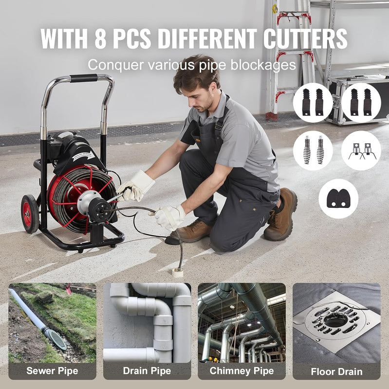 Drain Cleaner Machine 100 Ft. x 1/2 In, Auto Feed Sewer Snake Auger On Wheels