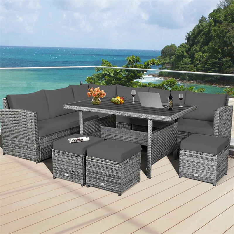 7 Pcs Rattan Patio Dining Furniture Sectional Sofa Set With Dining Table, Ottomans And Cushions