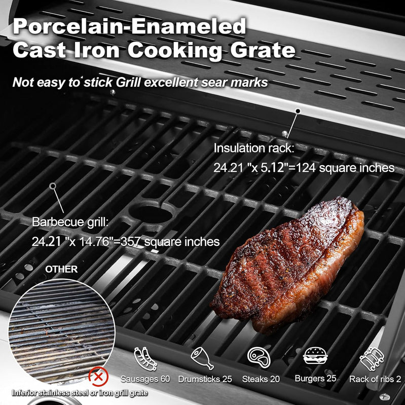 Upgraded 4 Burner Bbq Propane Gas Grill With Cast Iron Grates And Side Stove, 44,000 BTU Stainless Steel Burner Barbecue Grill For Patio
