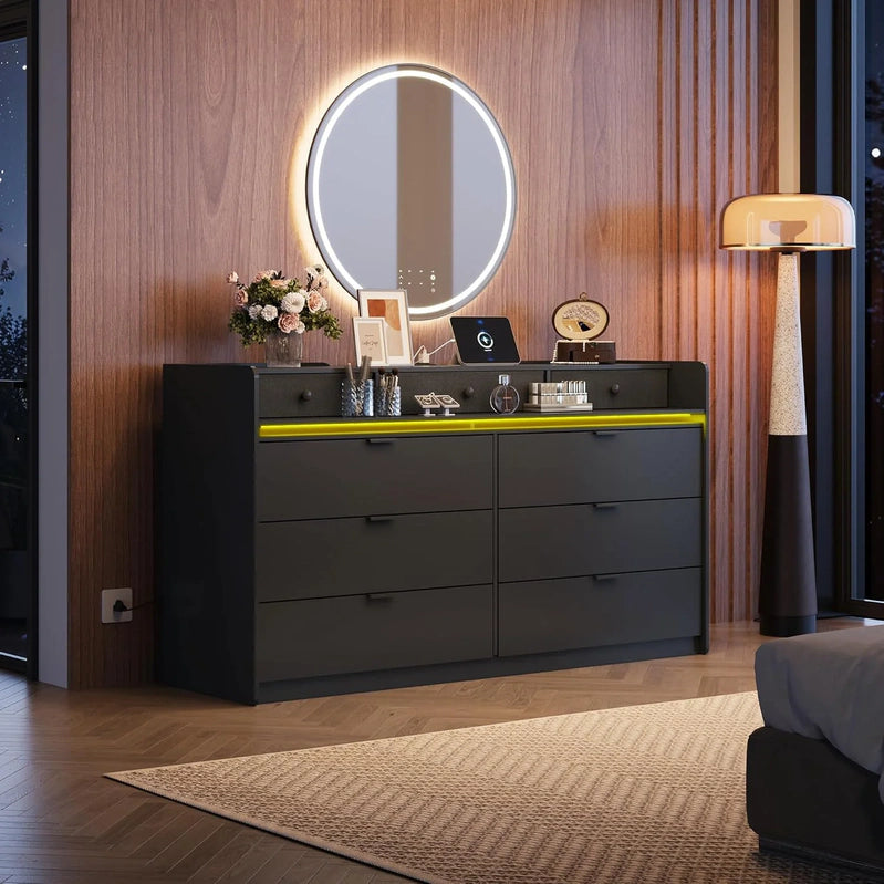 9 Drawer LED Dresser For Bedroom, 58.35 In. Wide Wood Dresser Storage Organizer With Power Outlets For 65 In. TV, Dressers With Open Shelves