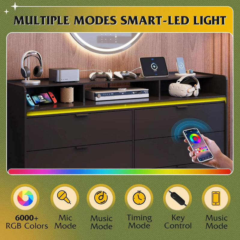 9 Drawer LED Dresser For Bedroom, 58.35 In. Wide Wood Dresser Storage Organizer With Power Outlets For 65 In. TV, Dressers With Open Shelves