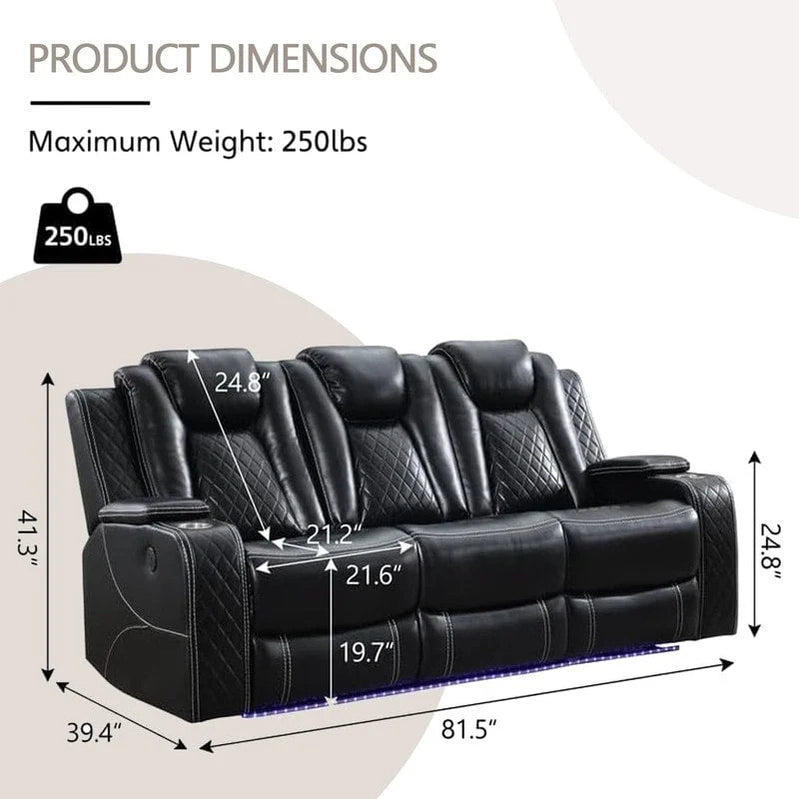 Power Reclining Sofa With Wireless Charger, Reading Light For Living Room, Faux Leather LED Light, AC/USB Port, Cup Holder, Black