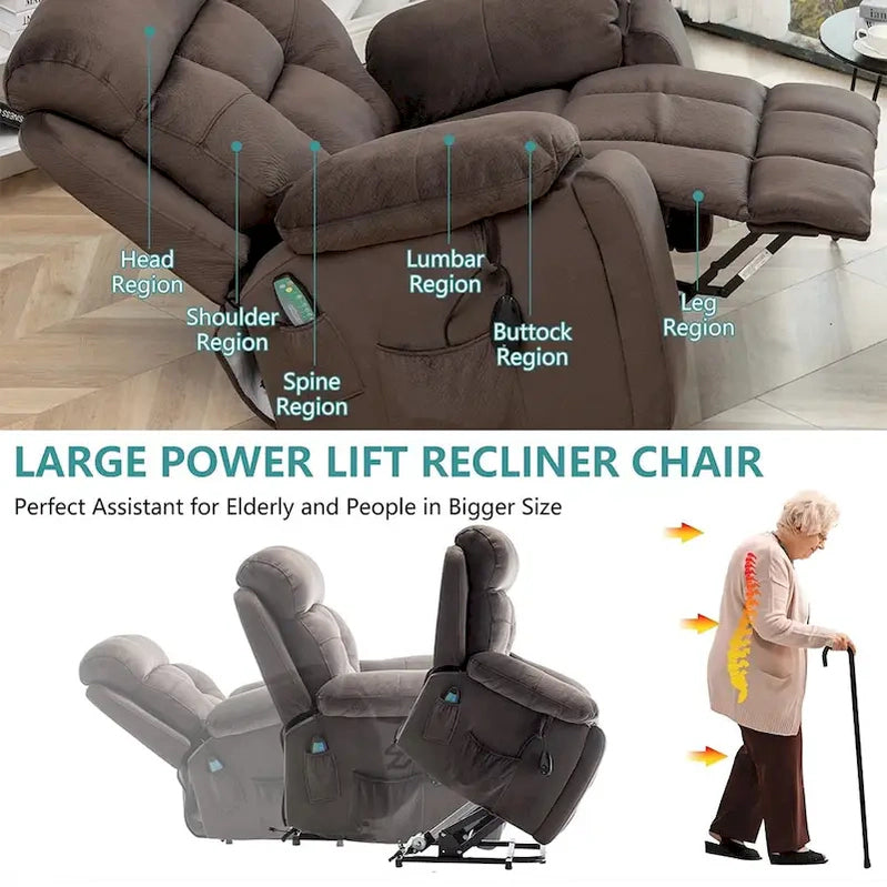 Large Electric Massage Lift Recliner With Heat, Hidden Cup Holder