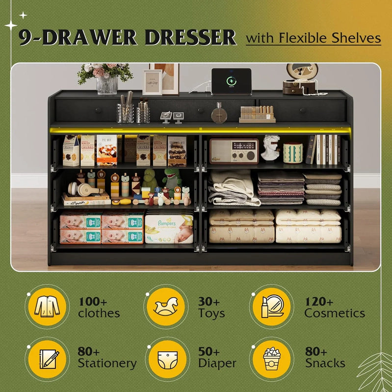9 Drawer LED Dresser For Bedroom, 58.35 In. Wide Wood Dresser Storage Organizer With Power Outlets For 65 In. TV, Dressers With Open Shelves