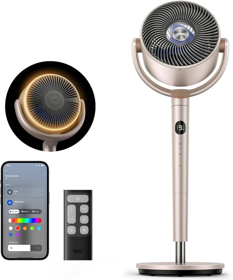 Dreo Smart Fan For Bedroom, 120 Degree Plus 120 Degree Omni-Directional Oscillating Fans, 100 Ft. Quiet Pedestal Fan With Rgb Light, 9 Speeds