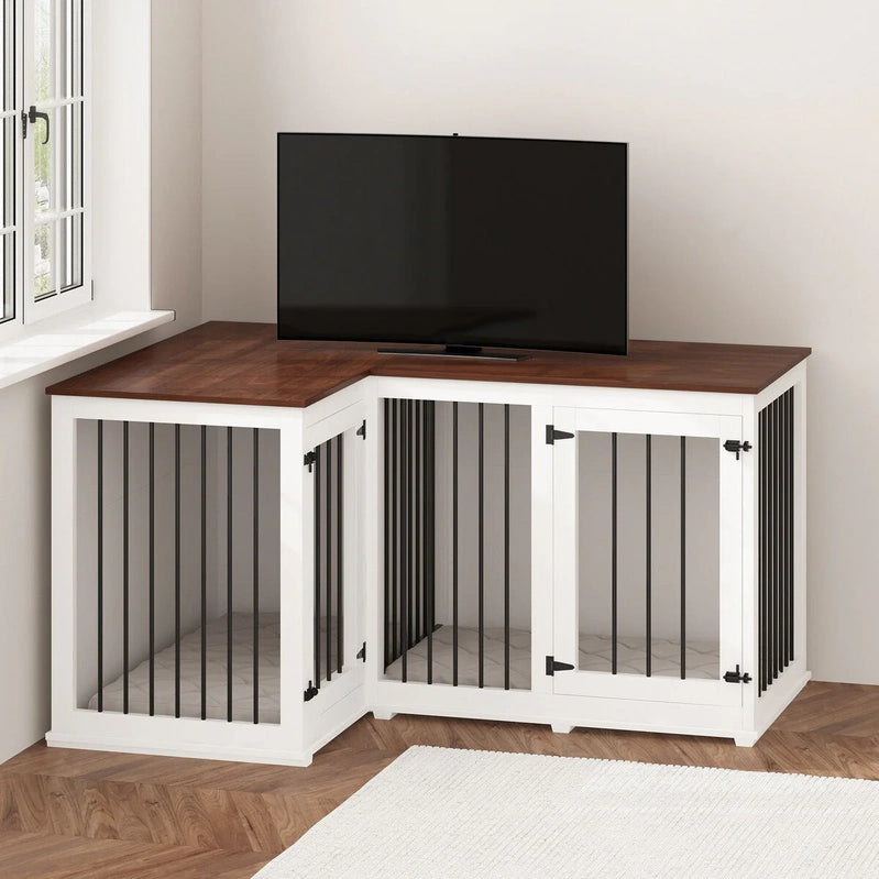 Large Corner Dog Crate Furniture For 2 Dogs, L Shape Dog Crate Cage, 58.7X41.1