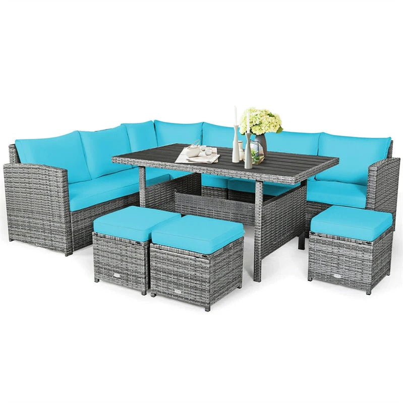 7 Pcs Rattan Patio Dining Furniture Sectional Sofa Set With Dining Table, Ottomans And Cushions