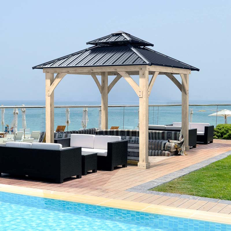 10 x 10 Ft. Outdoor Patio Hardtop Gazebo With Wood Frame And 2-Tier Metal Roof, All-Weather Gazebo Pergolas Shelter
