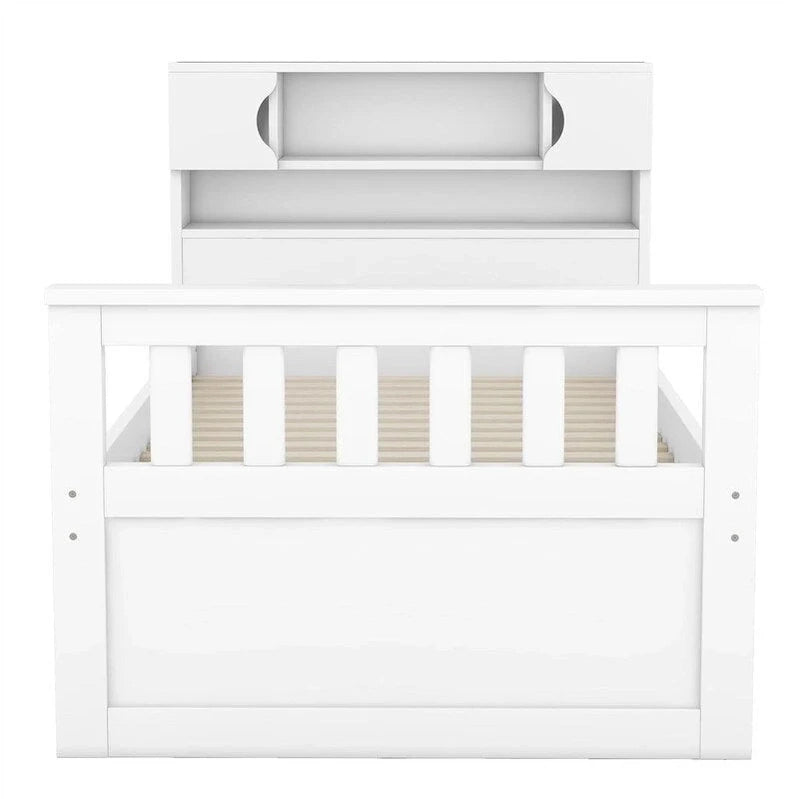 Twin/Full Size Captain Platform Bed With 4 Drawers And Storage Shelves, Solid Wood Bed Frame With Storage Bookcase Headboard
