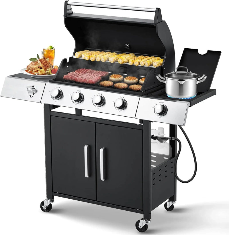 Upgraded 4 Burner Bbq Propane Gas Grill With Cast Iron Grates And Side Stove, 44,000 BTU Stainless Steel Burner Barbecue Grill For Patio